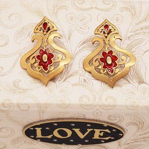 Vintage Avon Satin Gold Red Enamel Scroll Pierced Earrings